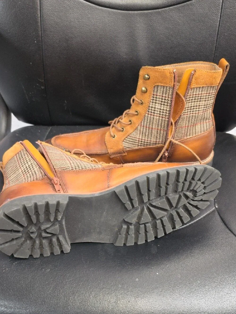 Milano Brown Leather Plaid Combat Boots